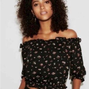 Express Off-Shoulder Black Floral Cropped Top